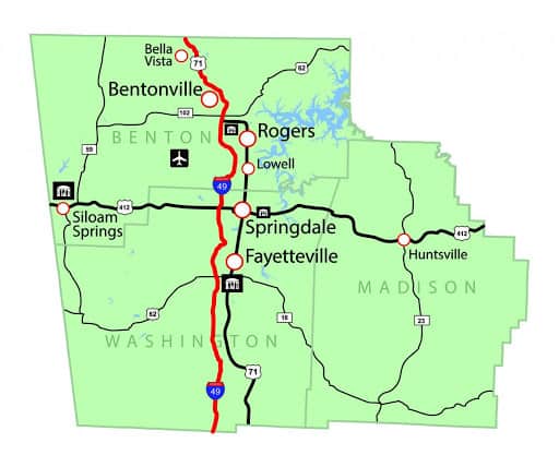 Brush Brothers Painting service area map -- Northwest Arkansas