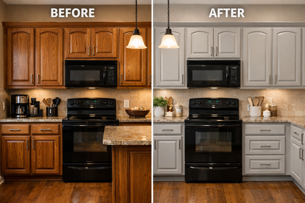Cabinet painting in Bentonville AR -- kitchen cabinets before and after by Brush Brothers Painting