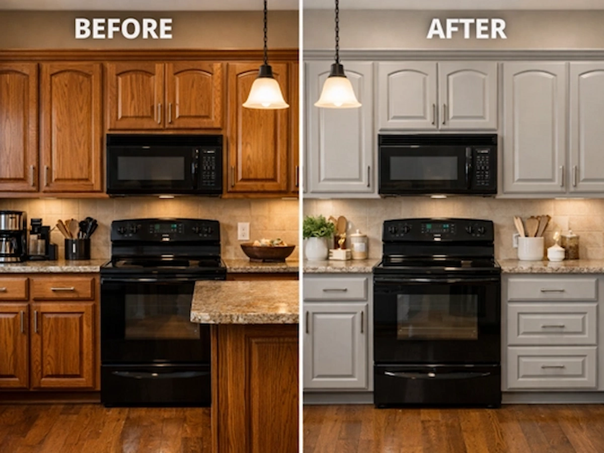 Cabinet Painting in Pea Ridge AR -- before and after by Brush Brothers Painting